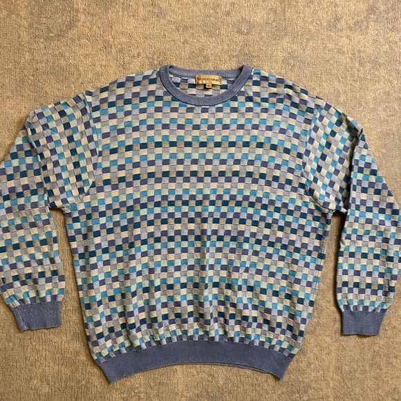 Tricots St. Raphael Other - Vtg Tricots St Raphael Sweater Mens XL Blue Geometric Checkerboard 100% Cotton